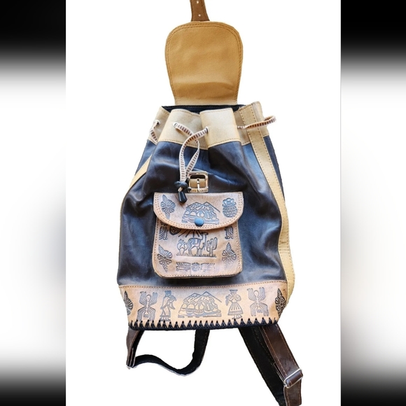 Puro Cuero Backpack  Leather Adjustable Straps Aztec Southwest Bag Purse - Picture 3 of 7